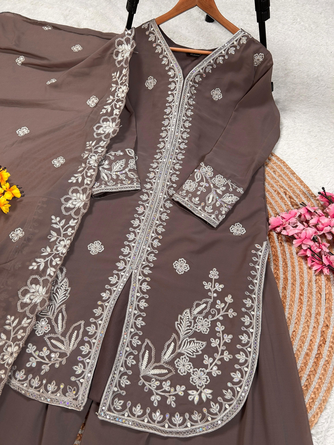 Image of Kwisy Embroidered Kurta, Palazzo & Dupatta Set