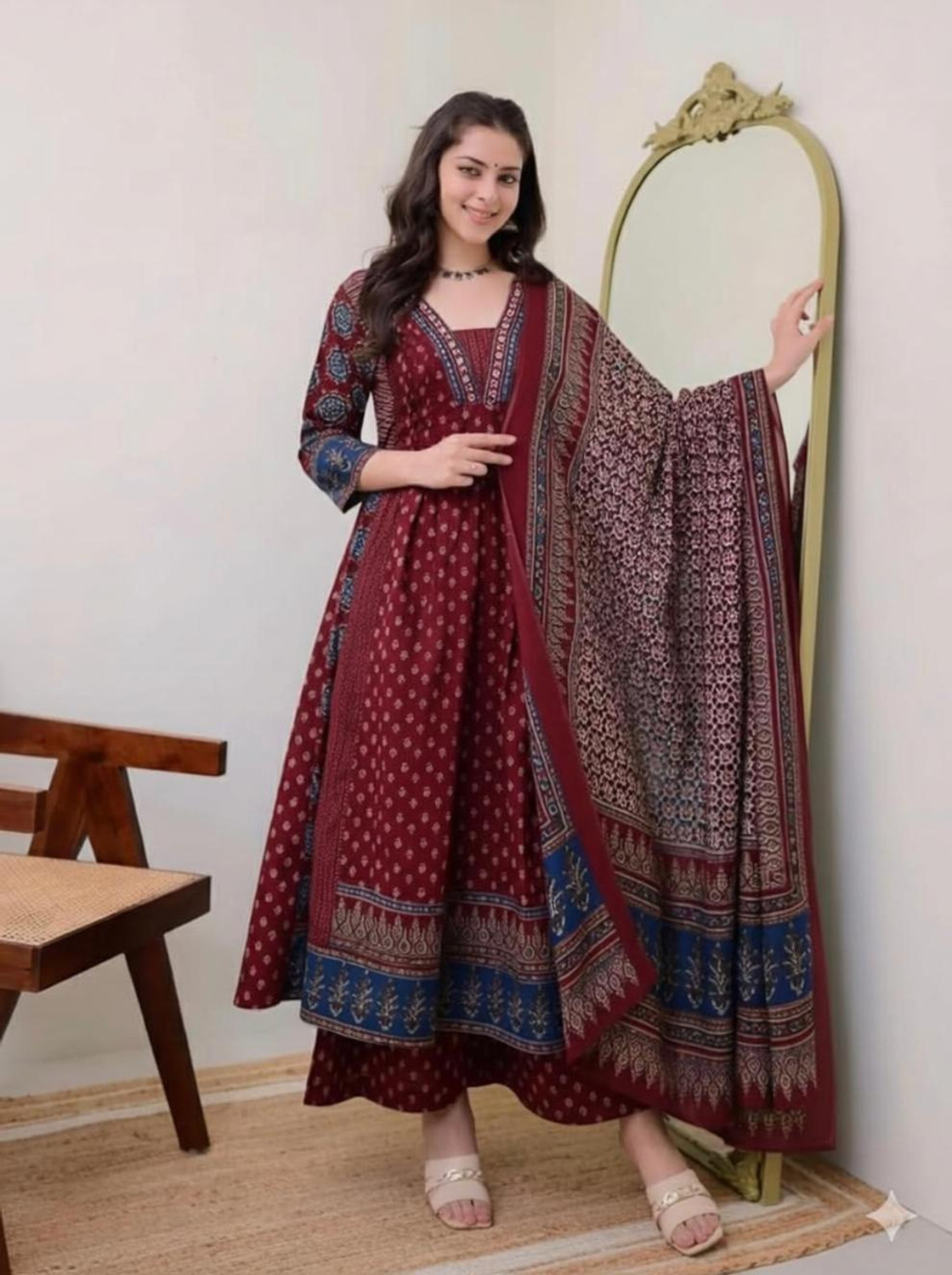 Image of fashion hour Printed Anarkali Kurta, Bottom & Dupatta Set