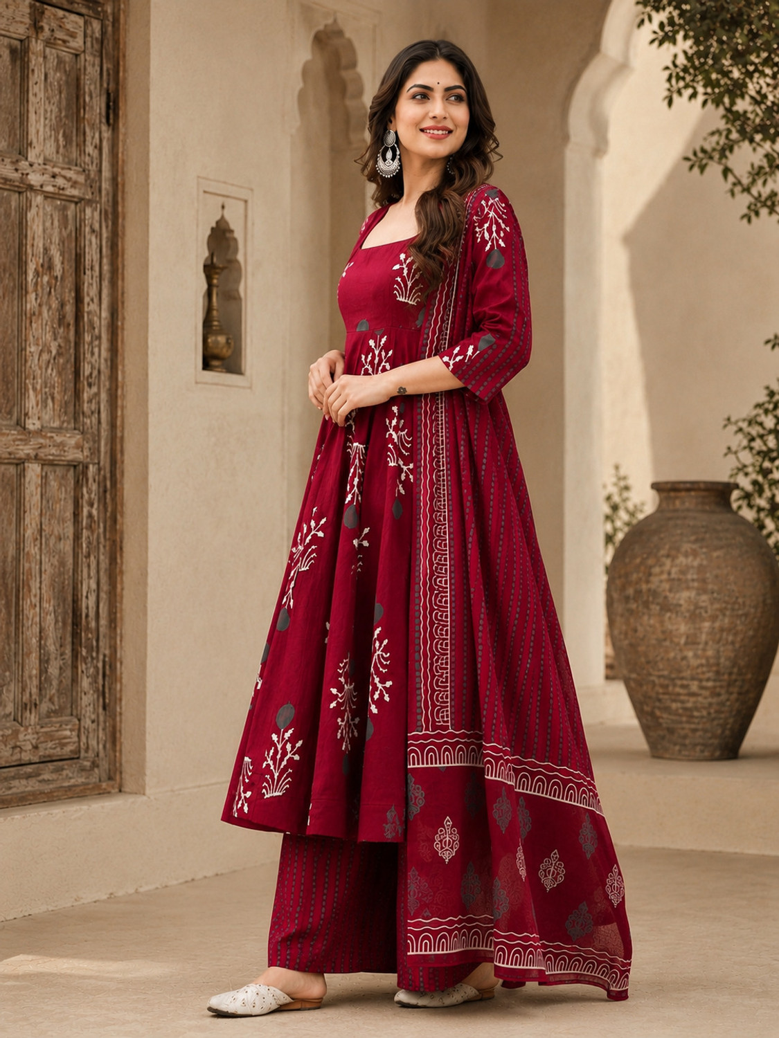 Image of NabubaFashion Printed Anarkali Kurta, Bottom & Dupatta Set