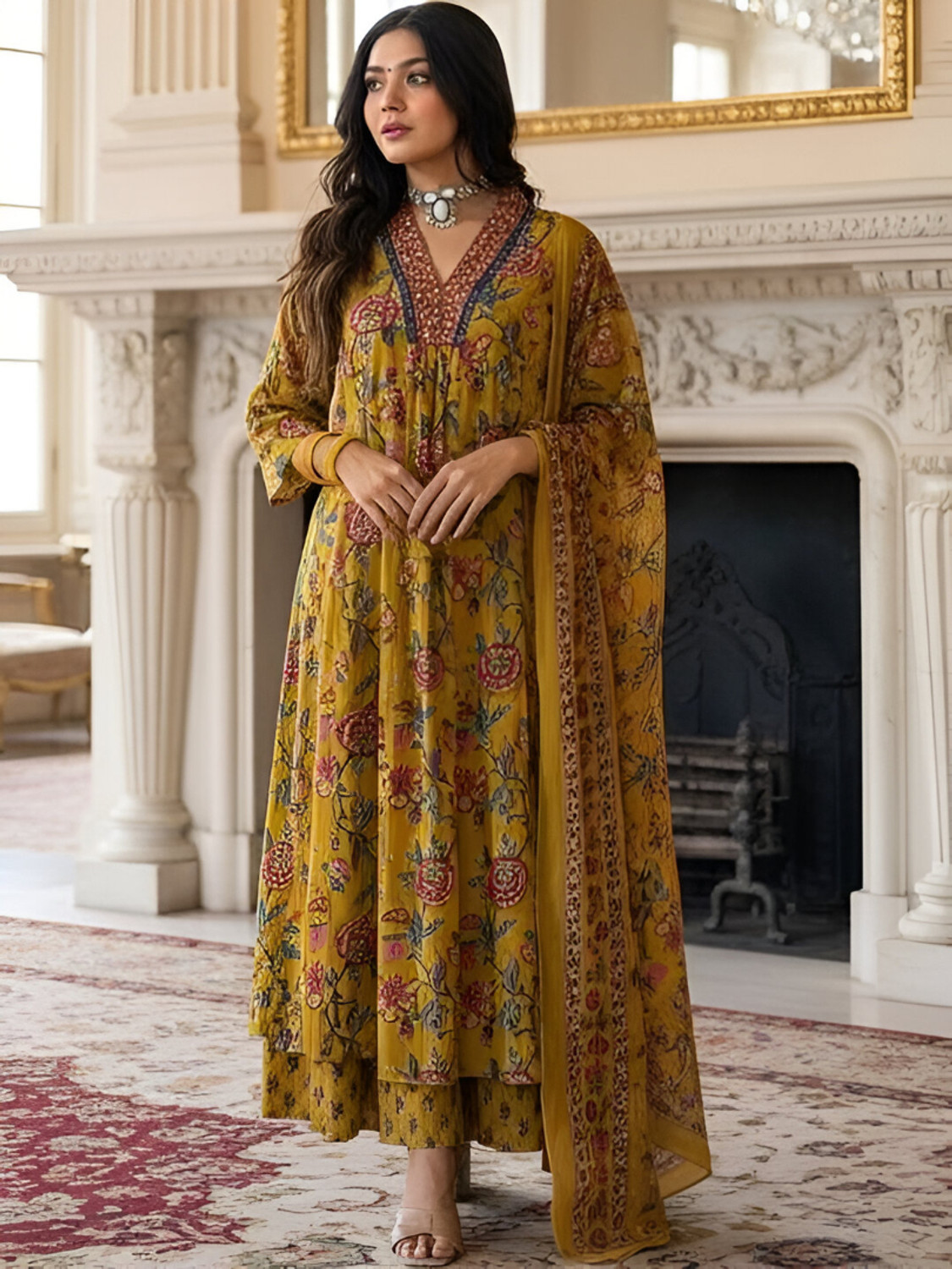 Image of BAMSOM WEAR Embroidered Kurta, Palazzo & Dupatta Set