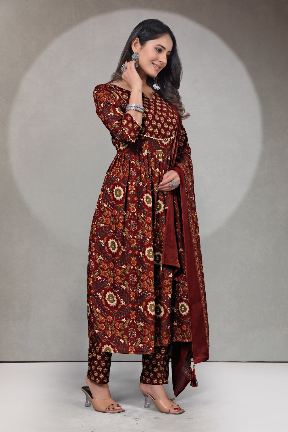 Image of KALAVRITTA Floral Print Anarkali Kurta, Bottom & Dupatta Set