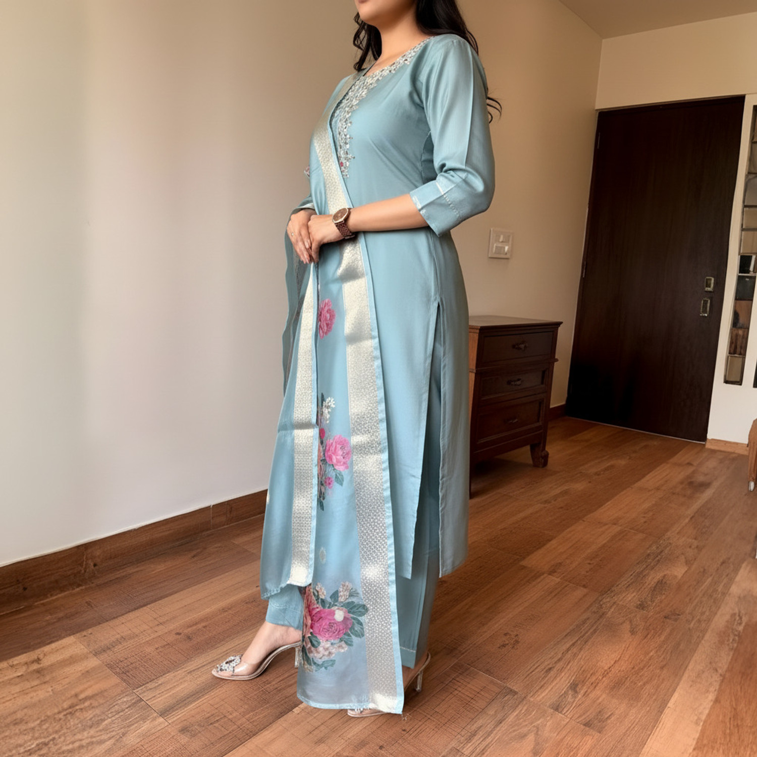 Image of AESTHETIC ENTERPRISE Embroidered Kurta, Trouser /Pant & Dupatta Set