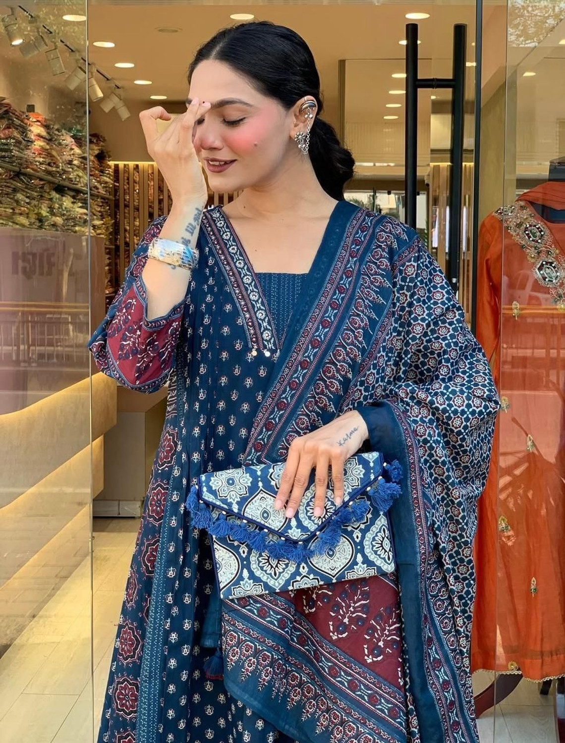 Image of Apparelia Printed Anarkali Kurta, Bottom & Dupatta Set