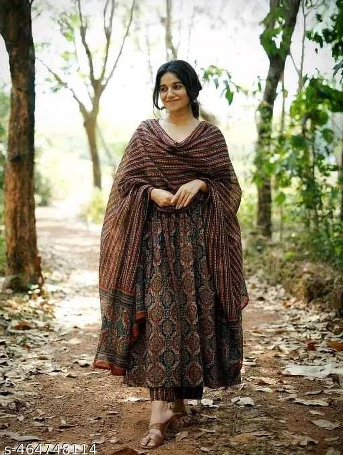 Image of GNCollection Printed Anarkali Kurta, Bottom & Dupatta Set