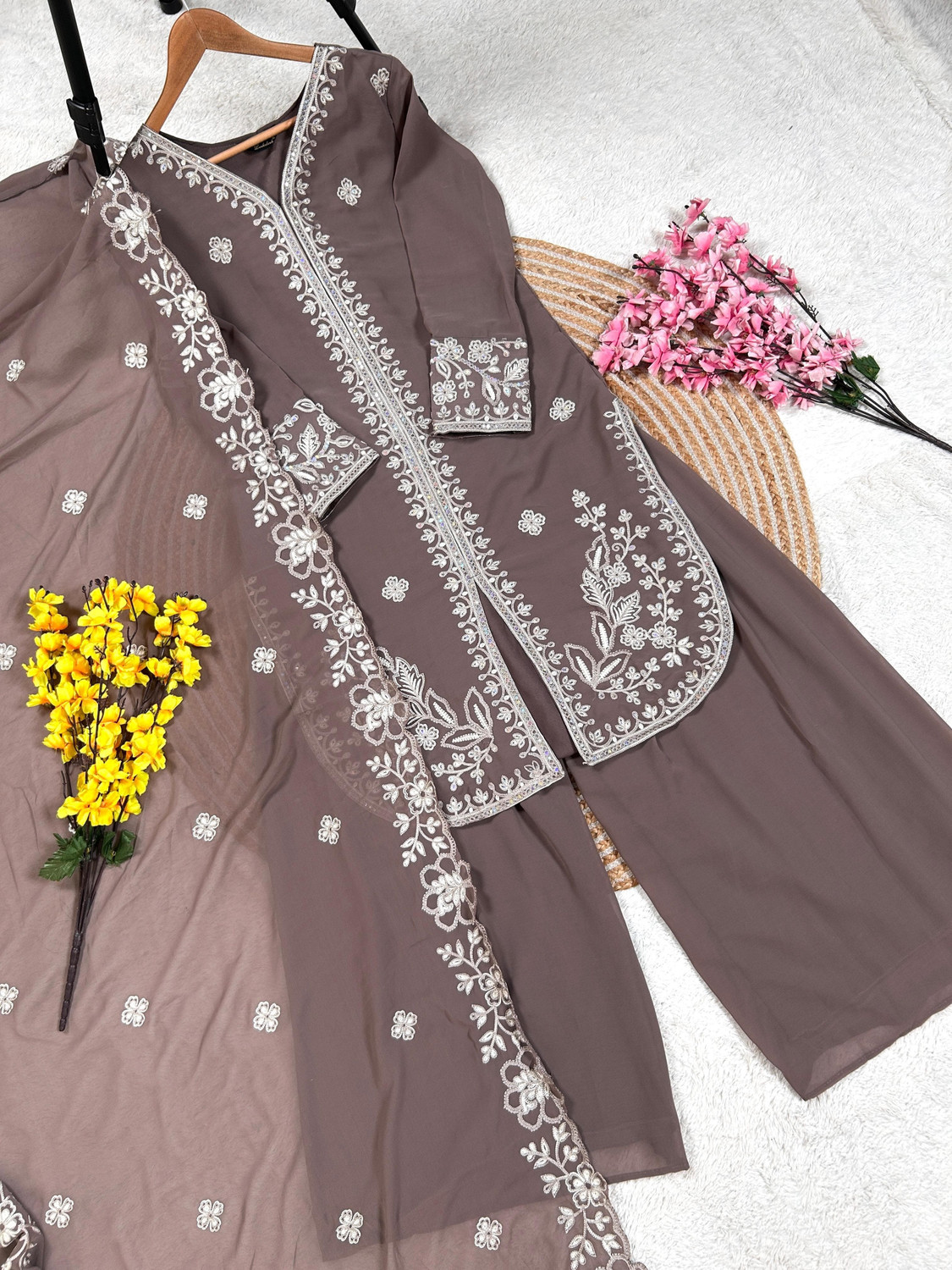 Image of Kwisy Embroidered Kurta, Palazzo & Dupatta Set
