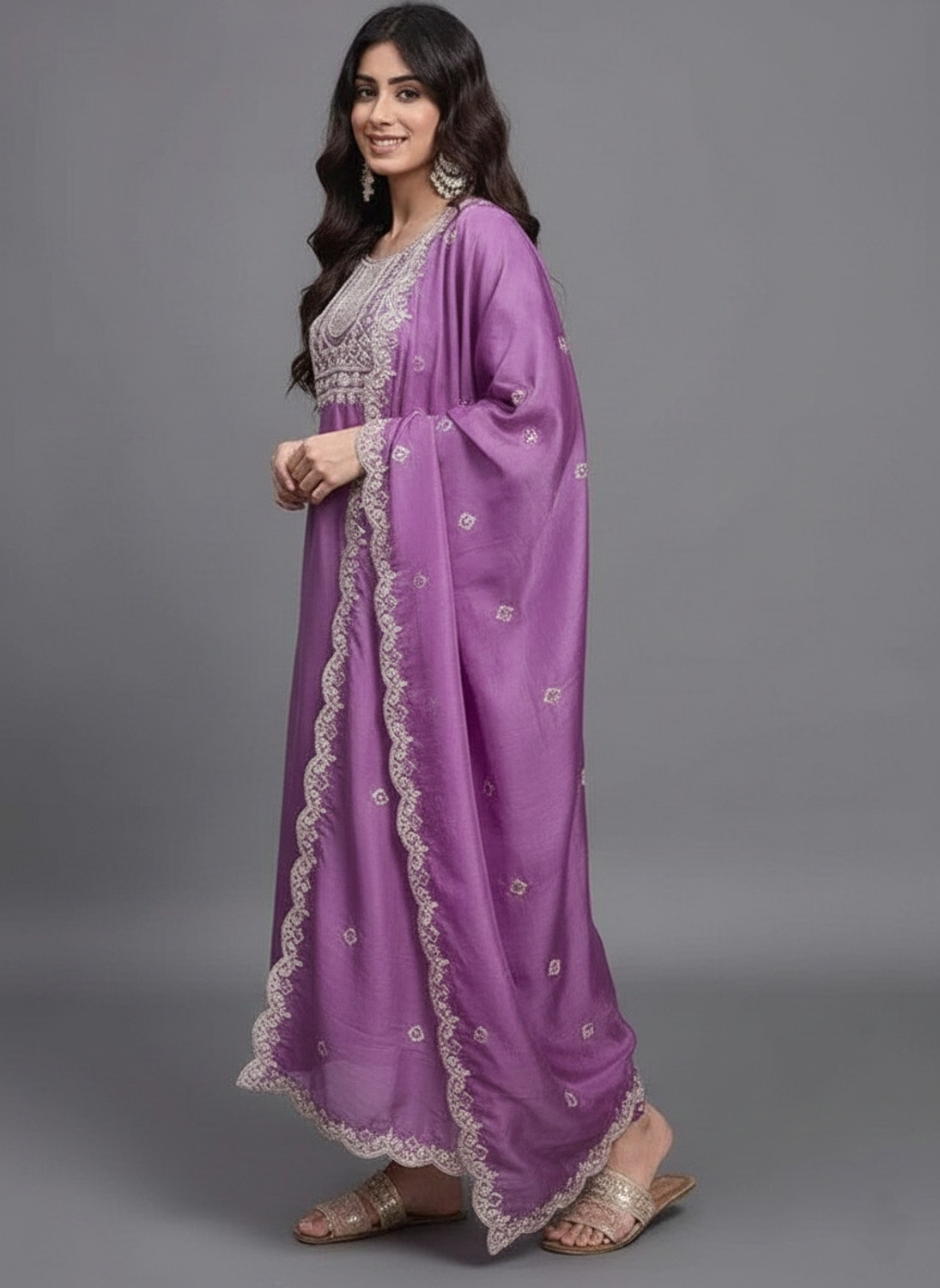 Image of TARUNIPOSHAK Embroidered Kurta, Churidar & Dupatta Set