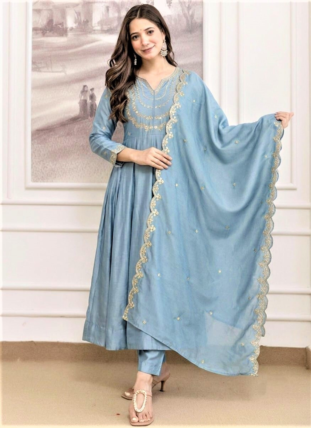 Image of KALKI COLLECTION Embroidered Anarkali Kurta, Bottom & Dupatta Set
