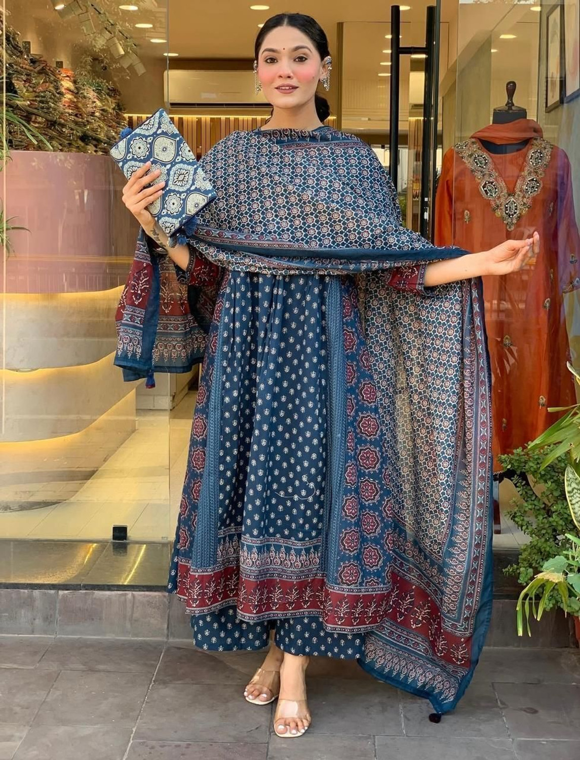 Image of Apparelia Printed Anarkali Kurta, Bottom & Dupatta Set