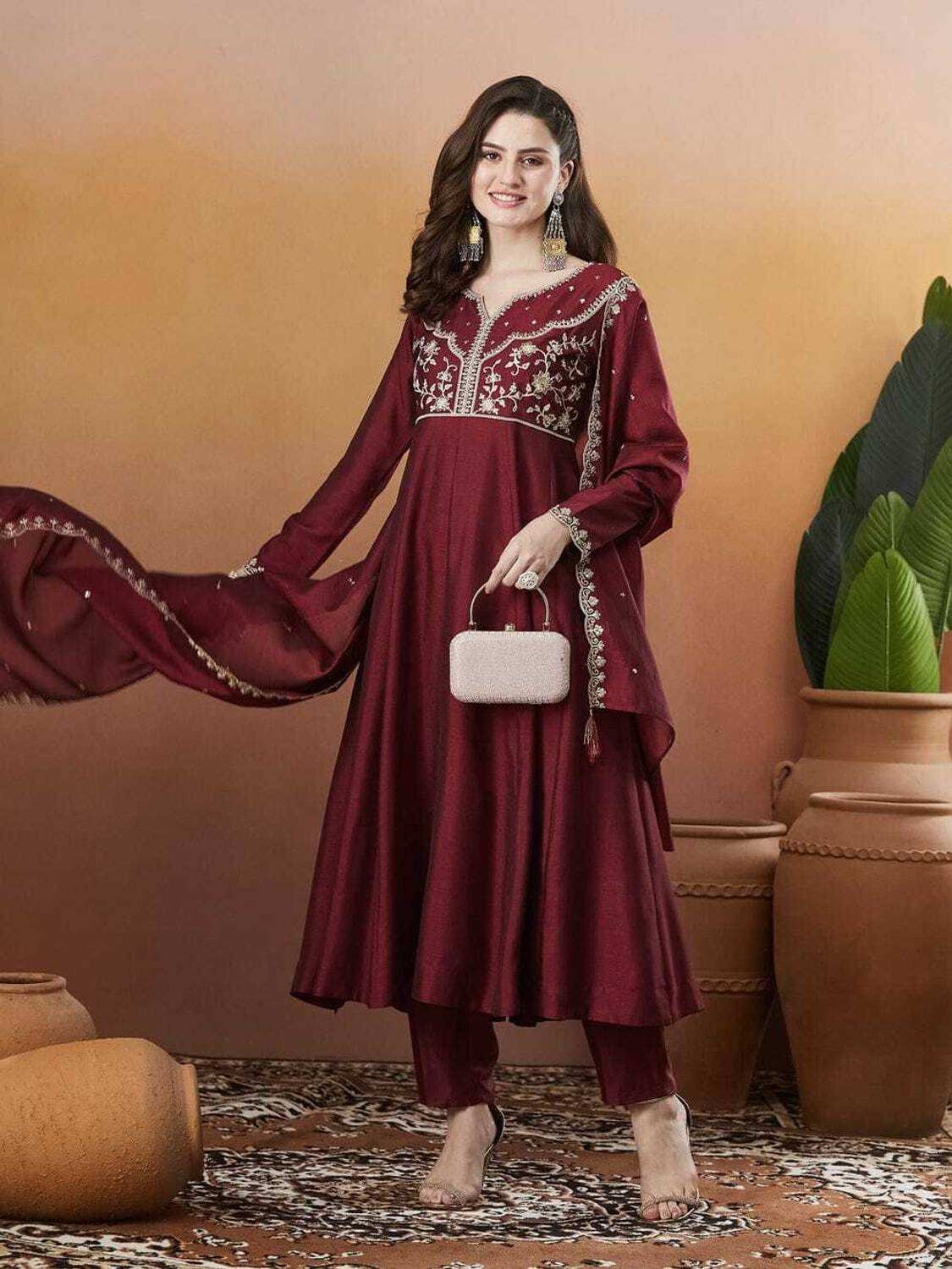 ARVILAS Embroidered Anarkali Kurta, Bottom & Dupatta Set
