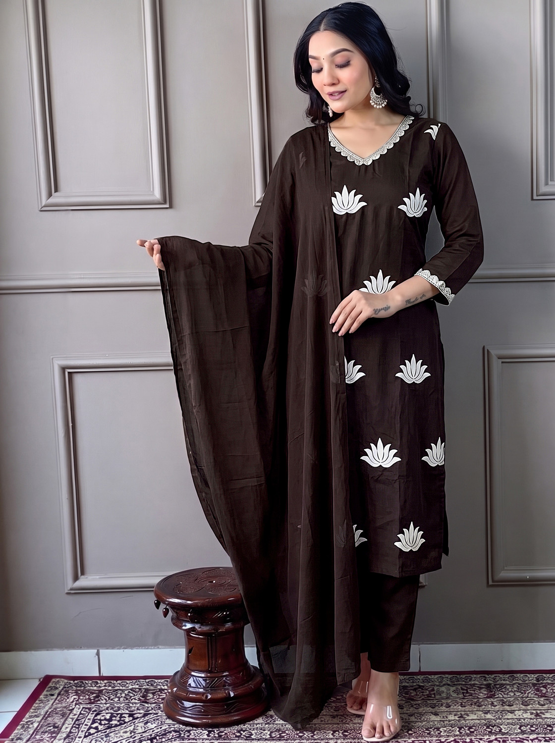 Image of C4A Embroidered Kurta, Trouser /Pant & Dupatta Set