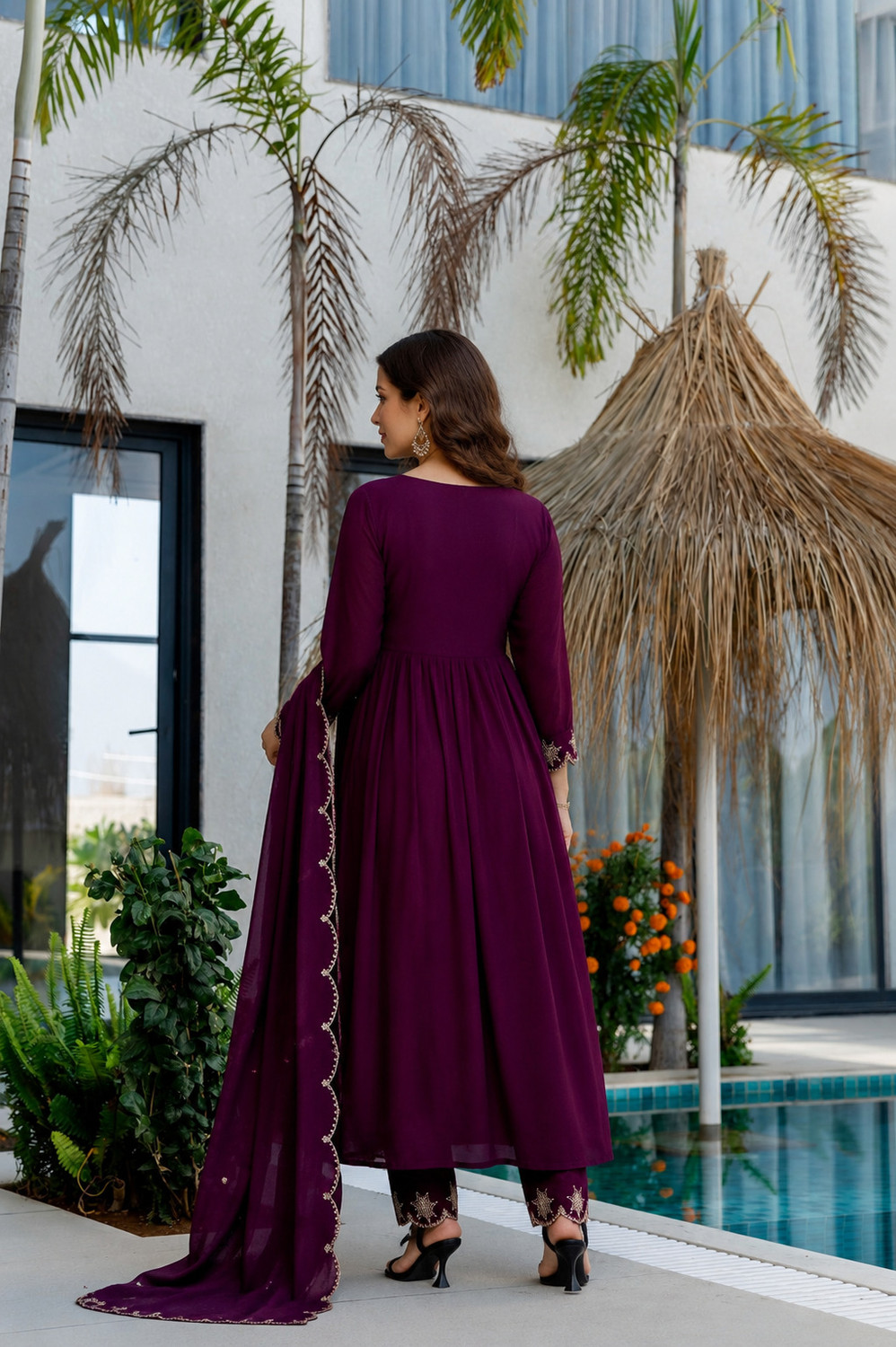 Image of RUTABO Embroidered Anarkali Kurta, Bottom & Dupatta Set