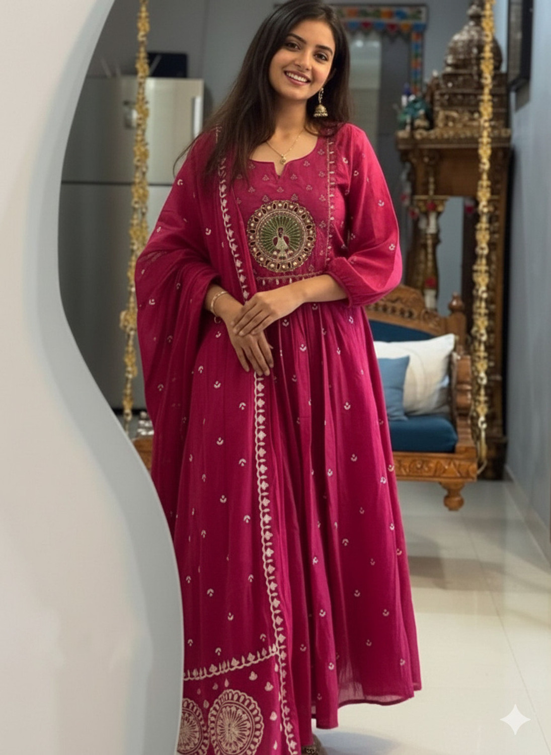 Image of Earthliva Embroidered Anarkali Kurta, Bottom & Dupatta Set