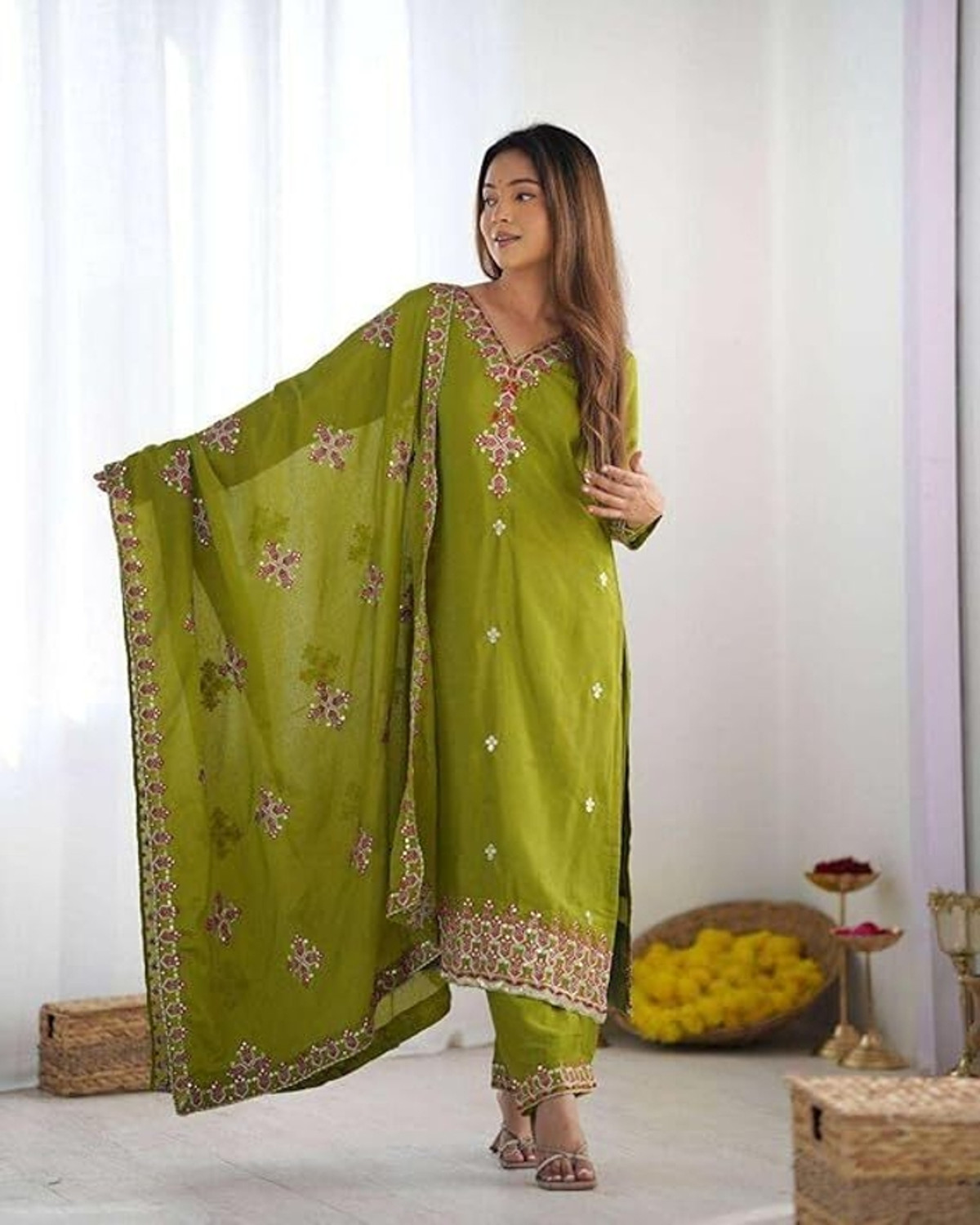Image of Durga Ecommerce Embroidered Kurta, Palazzo & Dupatta Set