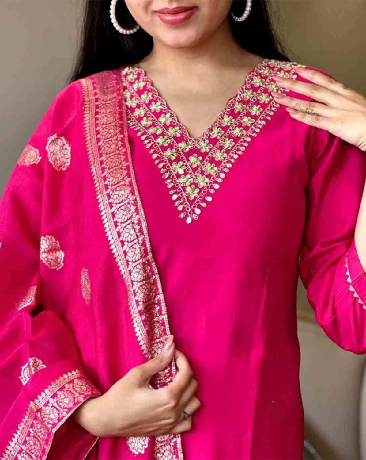 Image of FORENCIA Embroidered Anarkali Kurta, Bottom & Dupatta Set