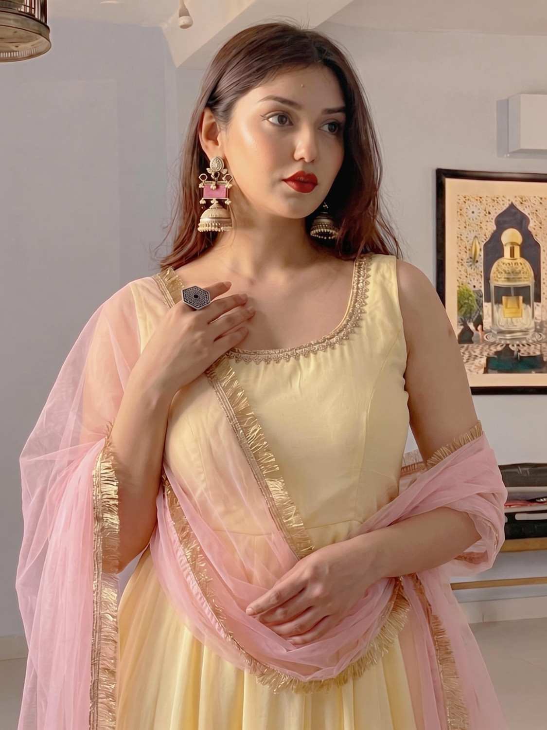 Image of TRANDTIDE Anarkali Roman Cotton Flared Gown Bottom With Soft Net Dupatta Self Design Anarkali Kurta, Bottom & Dupatta Set
