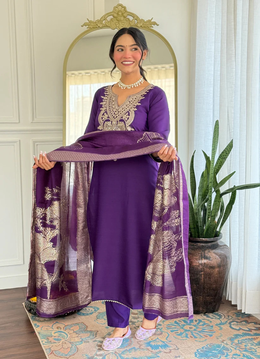 Image of SHYAM BANSI Embroidered Kurta, Trouser /Pant & Dupatta Set