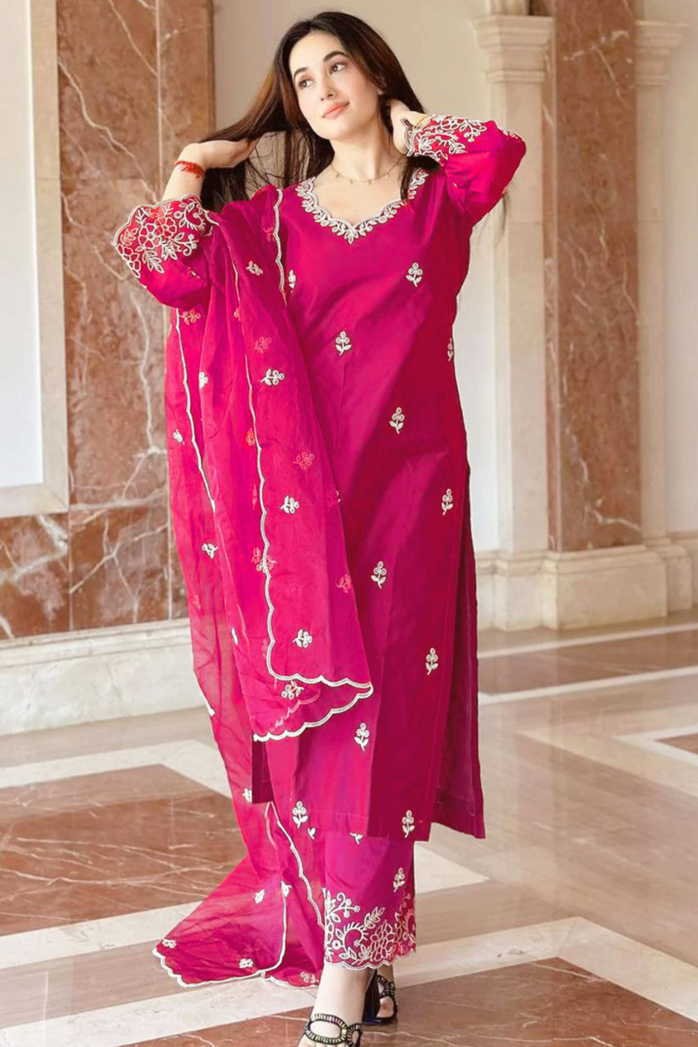 Image of FANCIFLAIR Embroidered Anarkali Kurta, Bottom & Dupatta Set