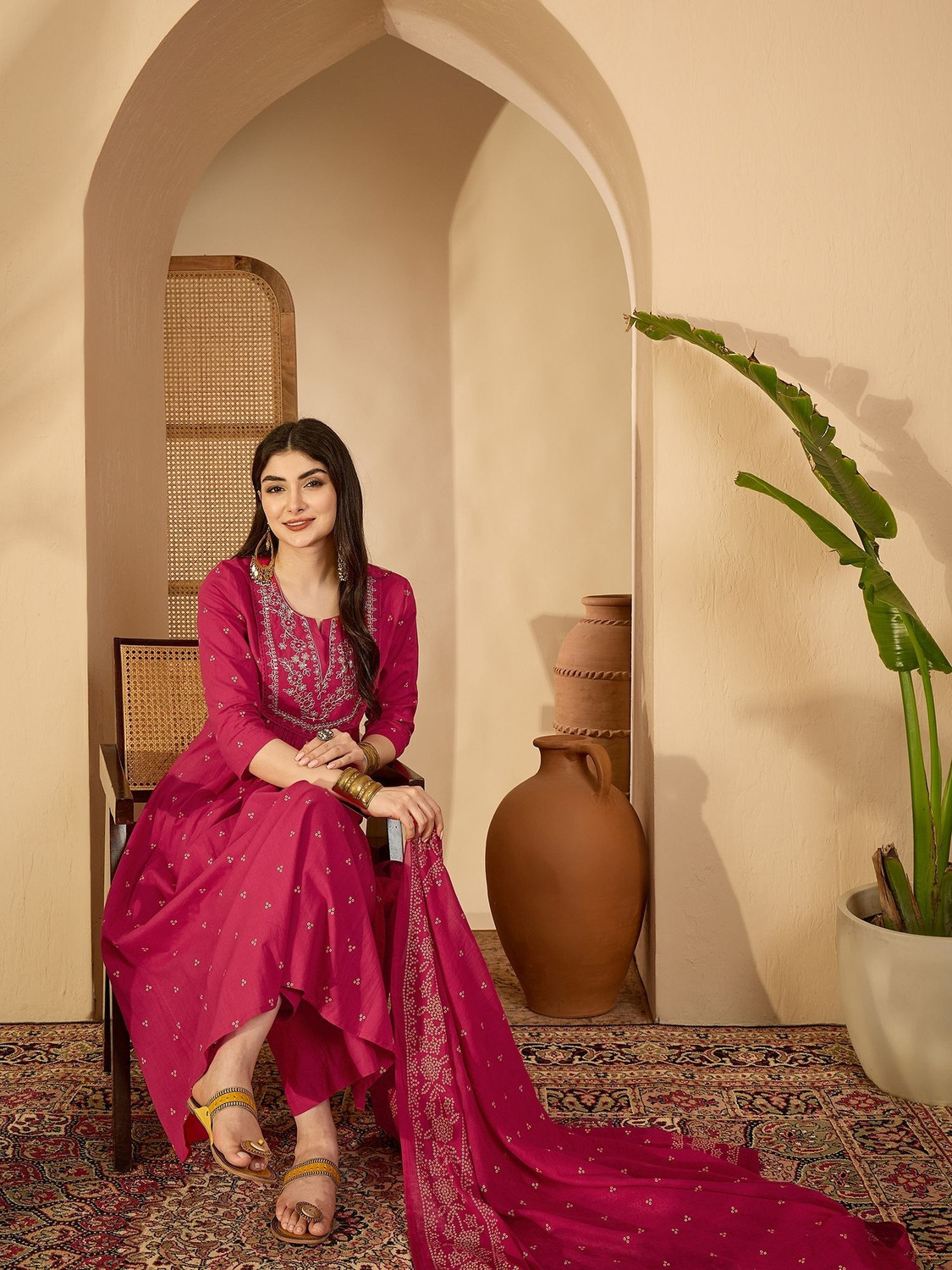 Image of KHALISH Polka Print Anarkali Kurta, Bottom & Dupatta Set