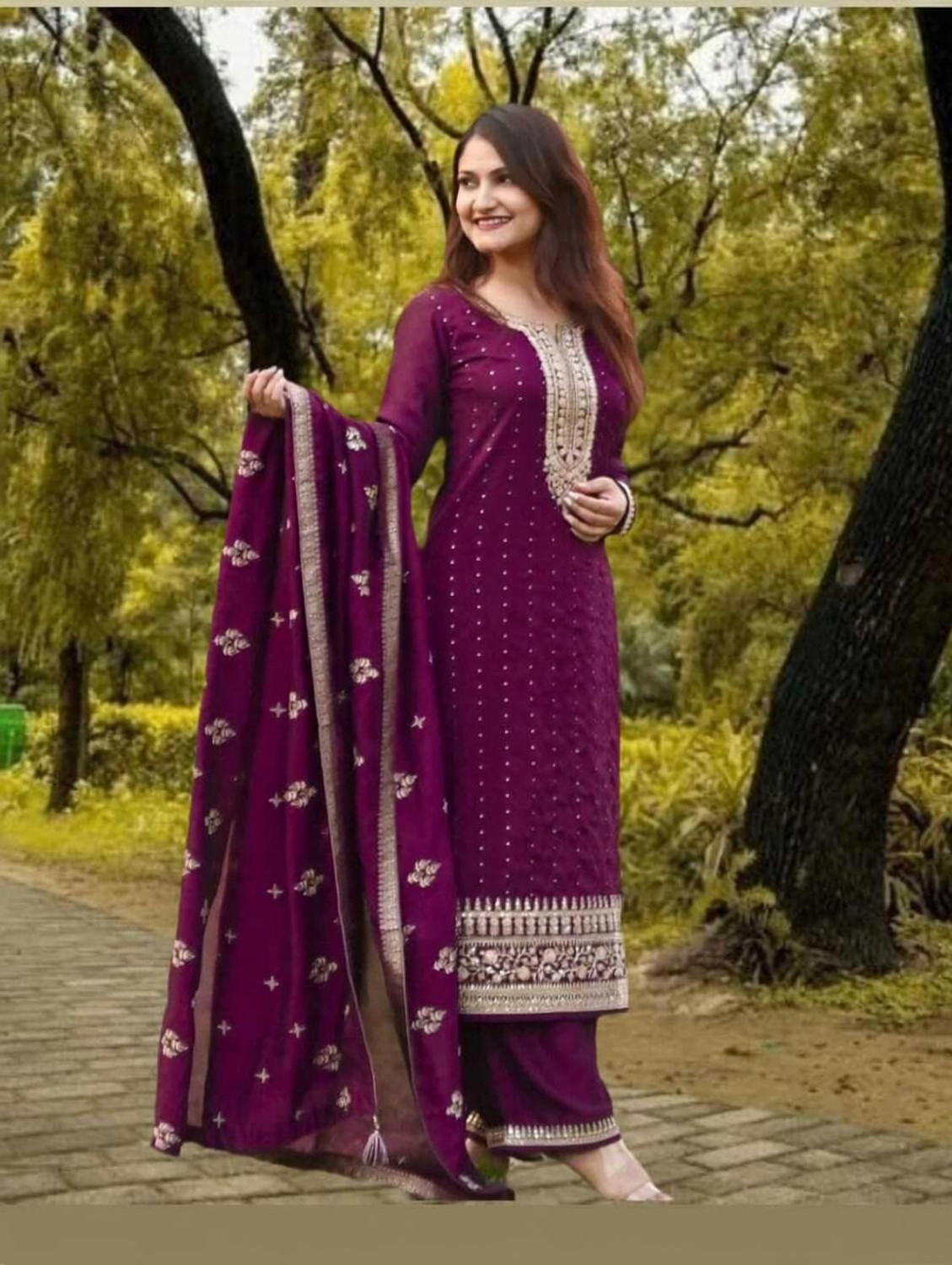 Image of vyomira Embroidered Kurta, Palazzo & Dupatta Set