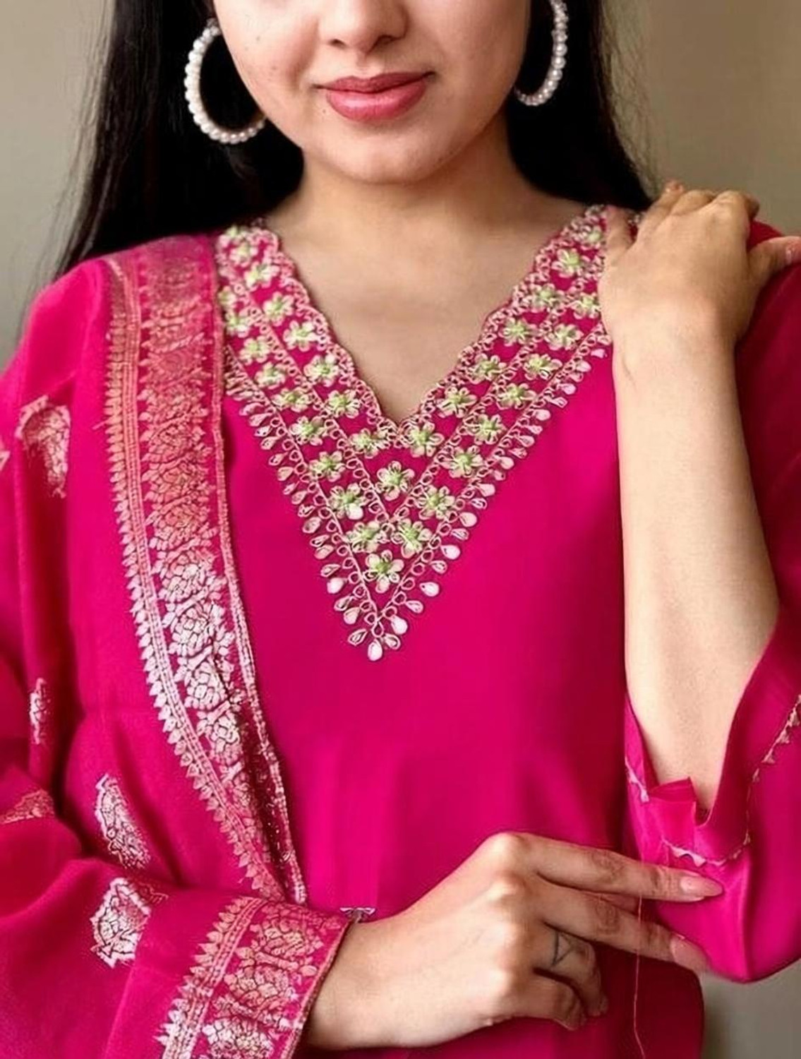 Image of FARHATFASHION Embroidered Kurta, Trouser /Pant & Dupatta Set