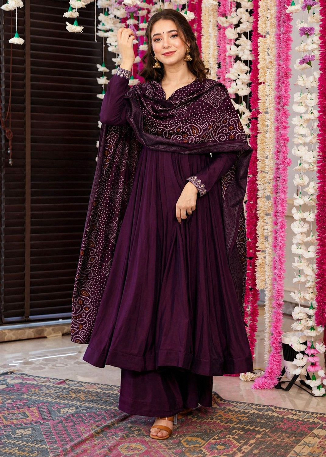 Image of RUTABO Embroidered Anarkali Kurta, Bottom & Dupatta Set