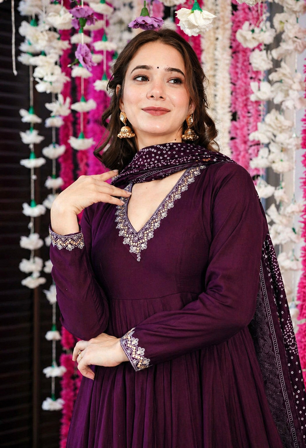 Image of RUTABO Embroidered Anarkali Kurta, Bottom & Dupatta Set