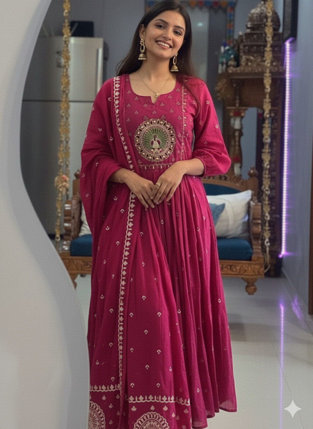 Image of Earthliva Embroidered Anarkali Kurta, Bottom & Dupatta Set