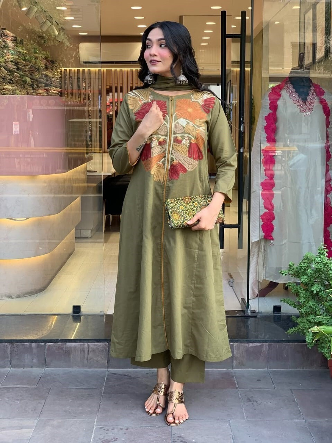 Image of Hariyali Embroidered Kurta, Palazzo & Dupatta Set