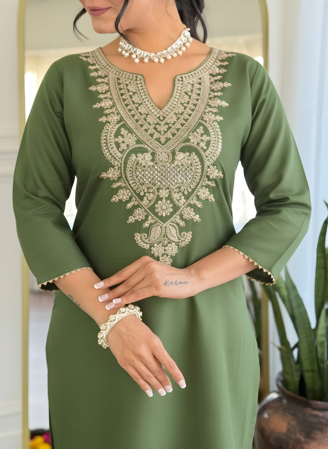 Image of SHYAM BANSI Embroidered Kurta, Trouser /Pant & Dupatta Set