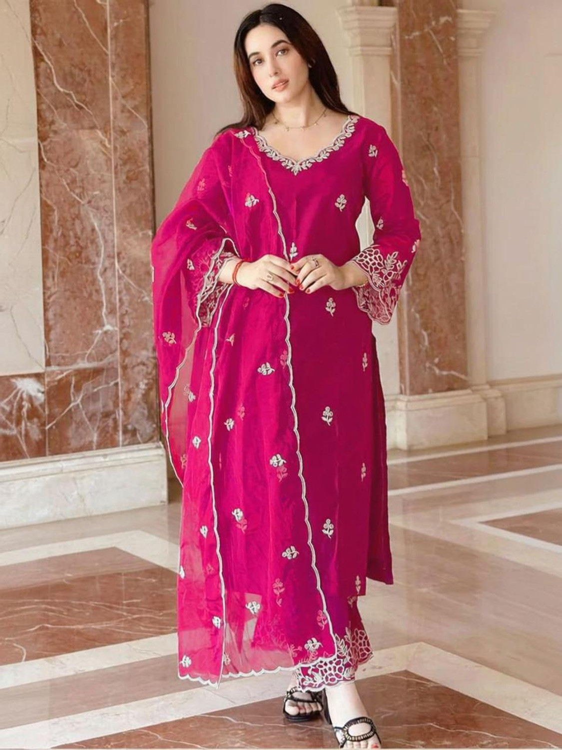Image of FANCIFLAIR Embroidered Anarkali Kurta, Bottom & Dupatta Set
