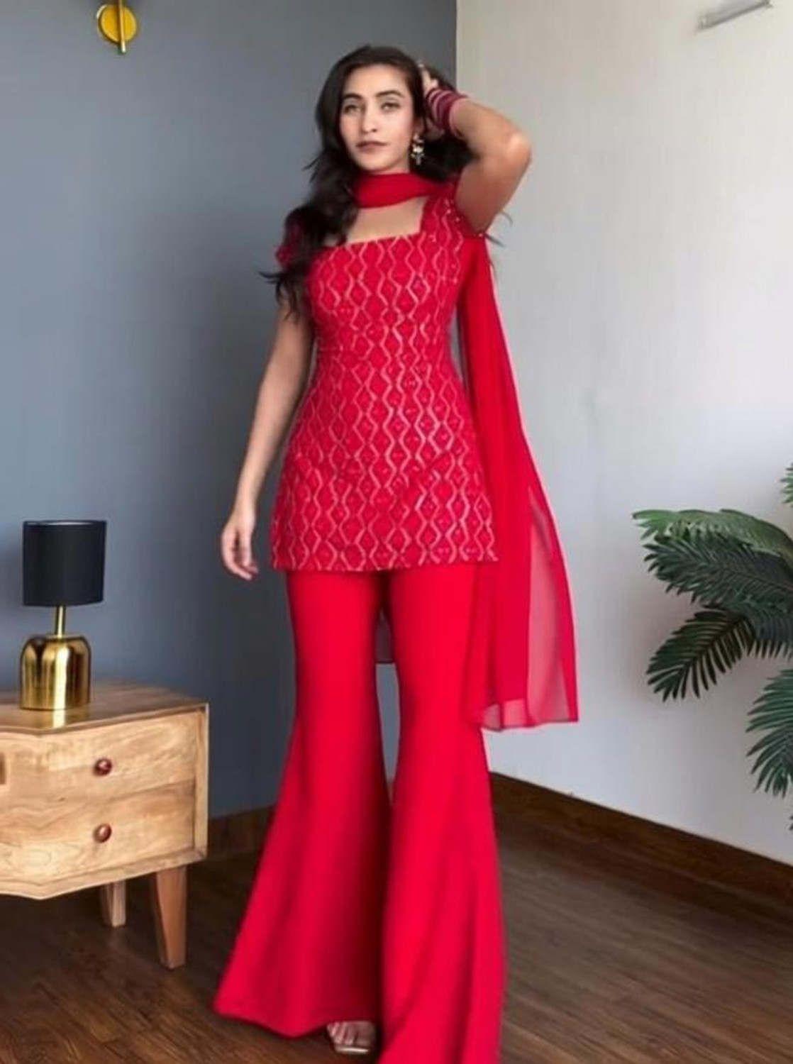 Image of visharava fashion Embroidered Kurta, Palazzo & Dupatta Set
