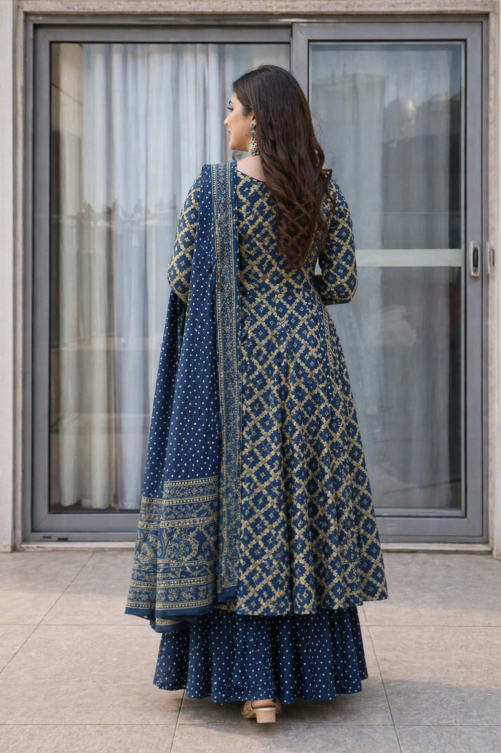 Image of moxinfashion Printed Anarkali Kurta, Bottom & Dupatta Set
