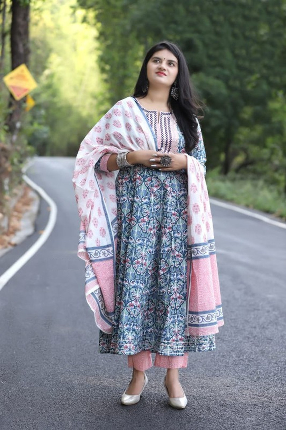 Image of EthnikaaSilqora Printed Kurta, Churidar & Dupatta Set