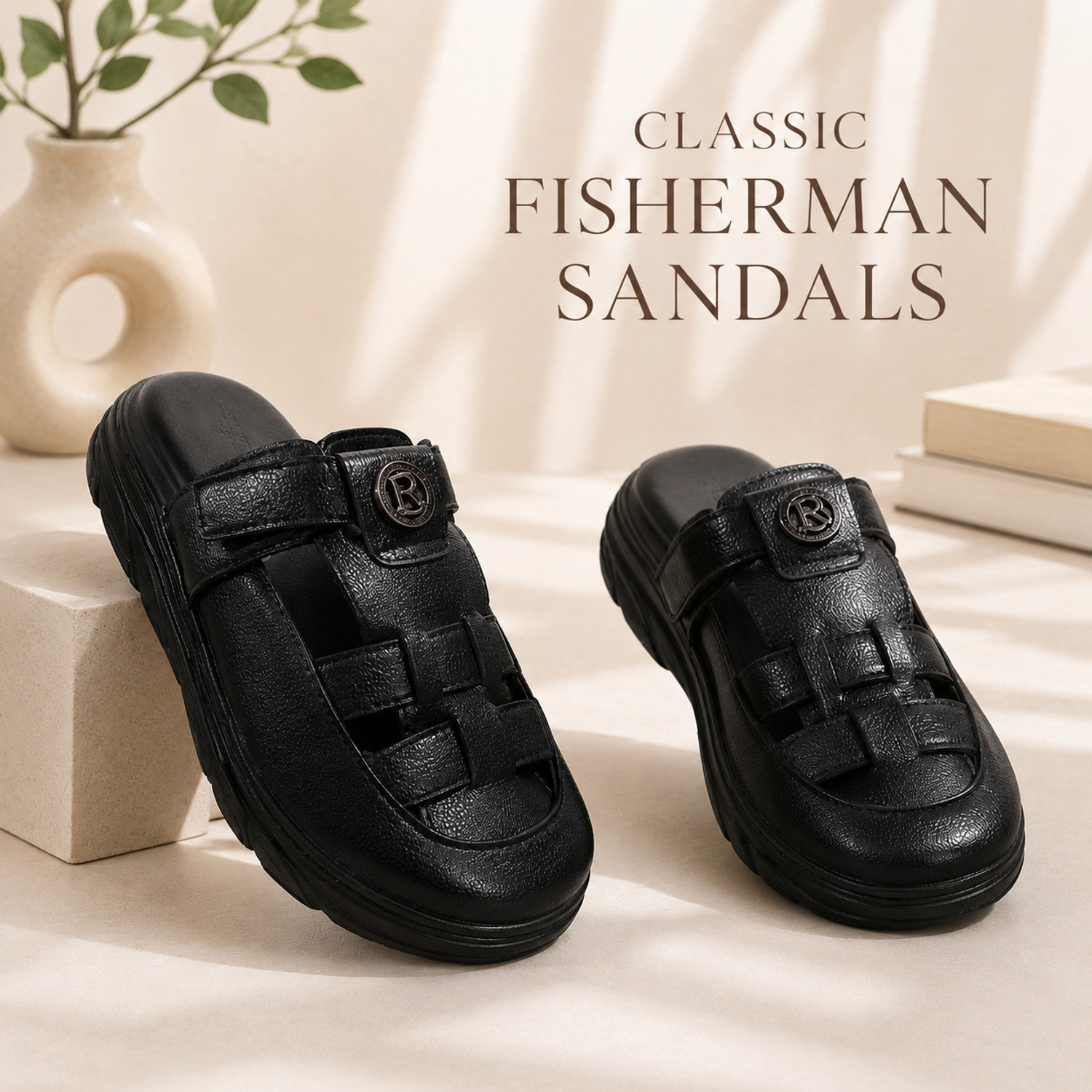 Image of Real Bliss Black Leather-Look Casual Sandals Men Flats