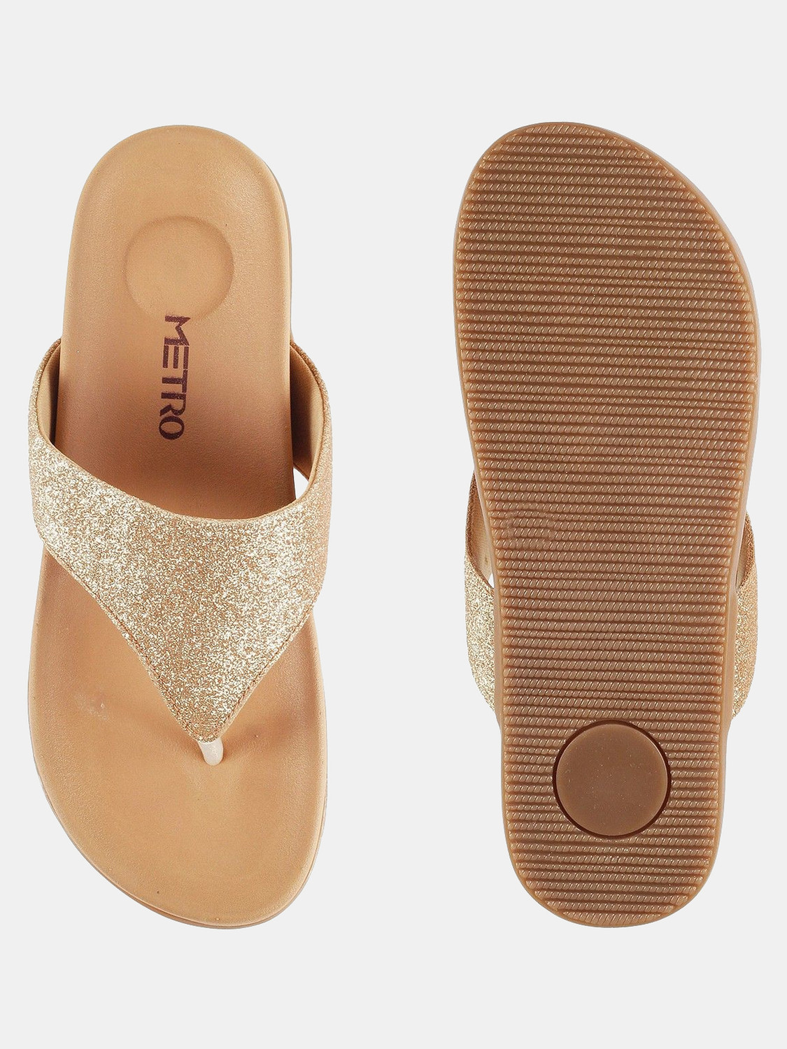 Image of METRO Gold-TonedTexturedT-Strap Women Flats