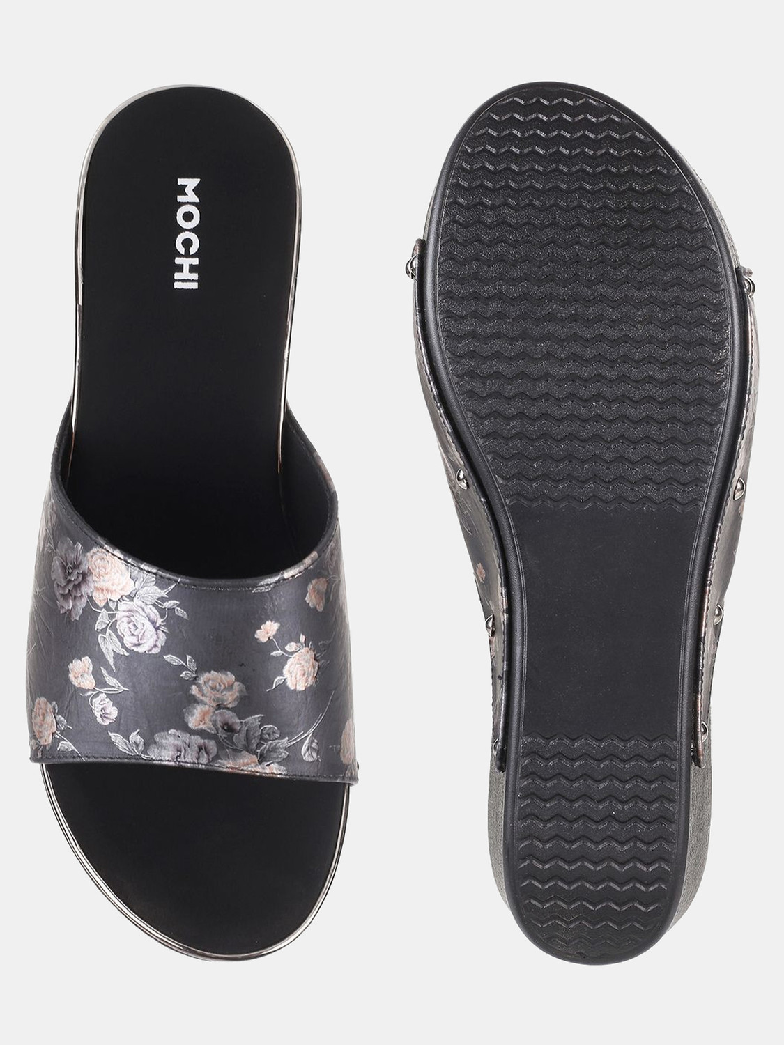 Image of MOCHI Women FloralPrintedWedgeMules Wedges Sandal (Black, 4)