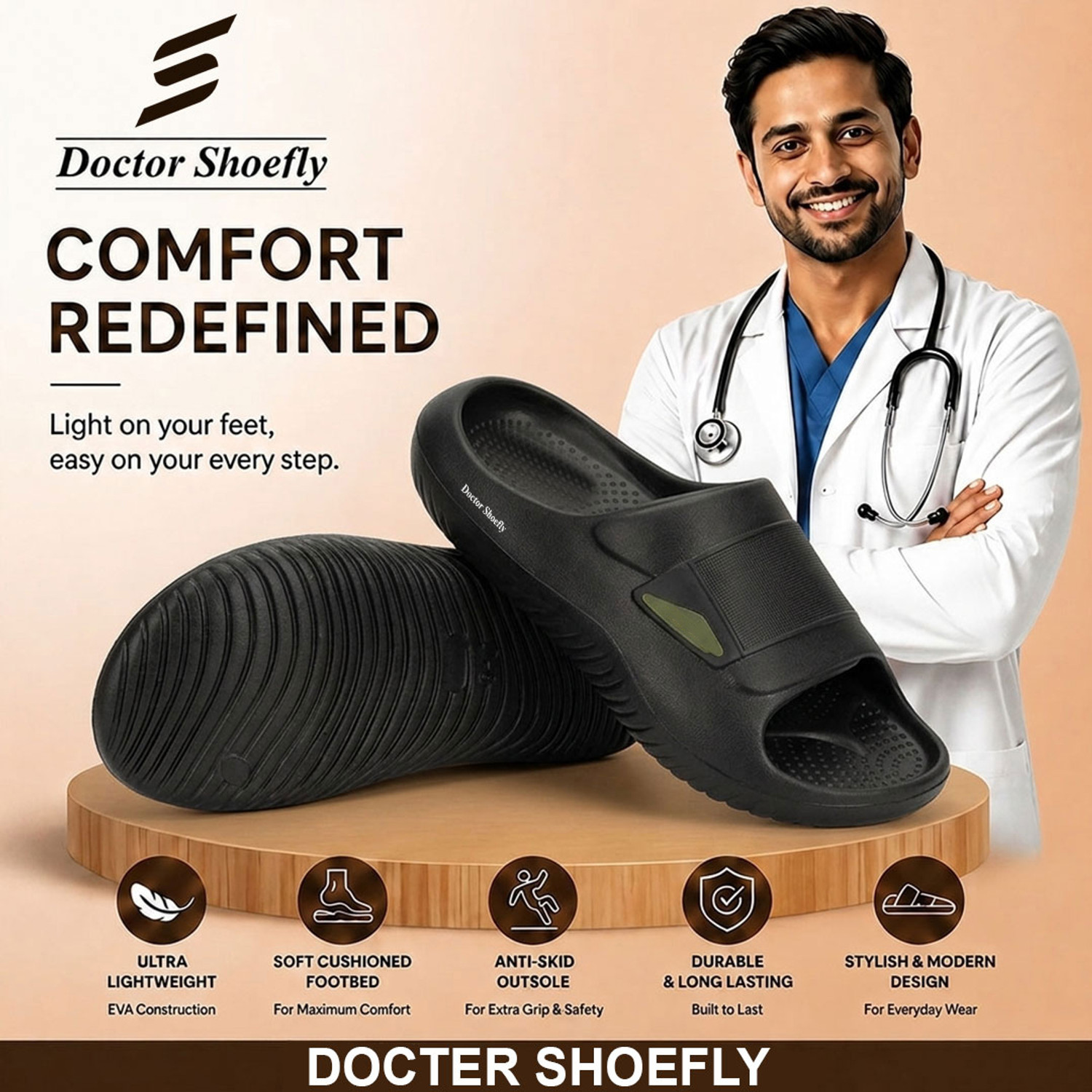 Image of Doctor Shoefly Orthopedic Design | Arch Support | Diabetic Friendly| Pain Relief Men Slippers (White, 6)