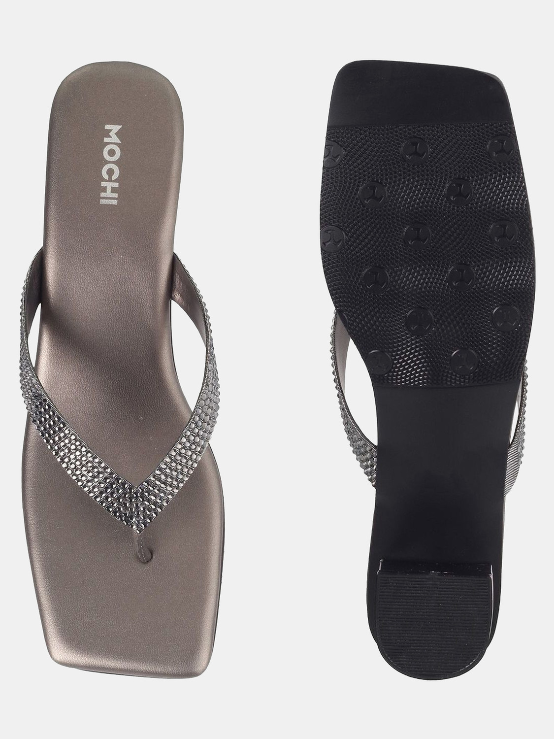 Image of MOCHI Women GreyEmbellishedBlock Heels Sandal (Grey, 4)