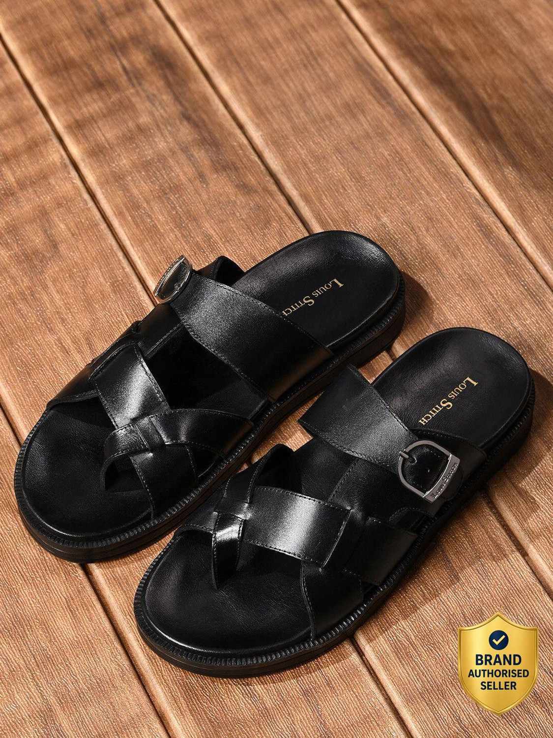 Image of LOUIS STITCH Jet Black Lightweight Open Toe Kohlapuri Style Leather Sandals Men Sandals