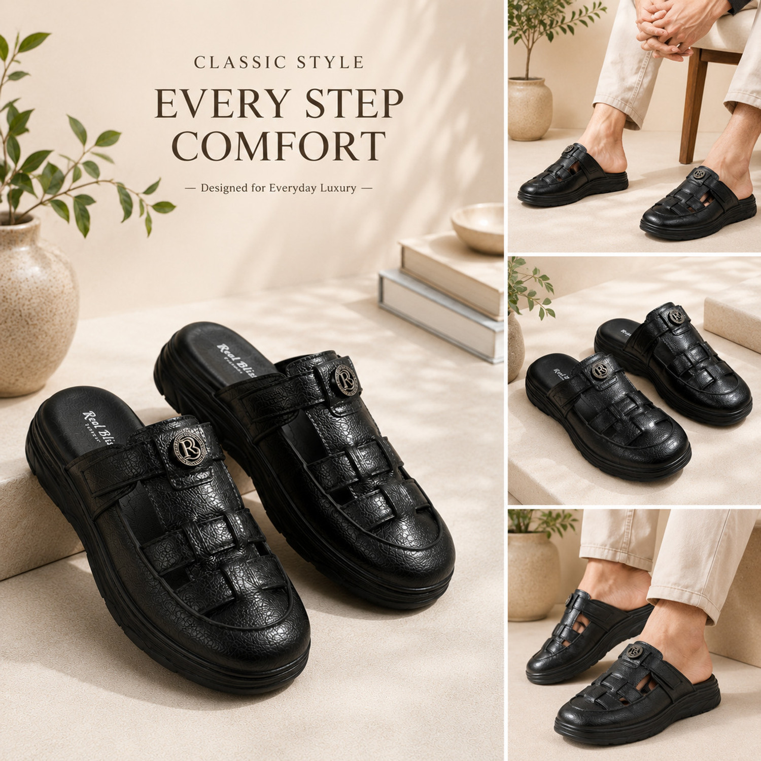 Image of Real Bliss Black Leather-Look Casual Sandals Men Flats
