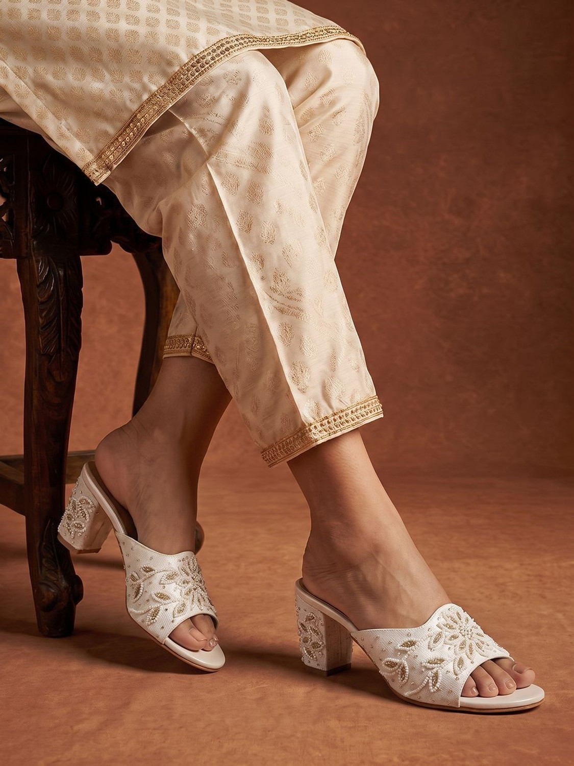 Image of House of Pataudi Women Heels Sandal (Off White, 5)