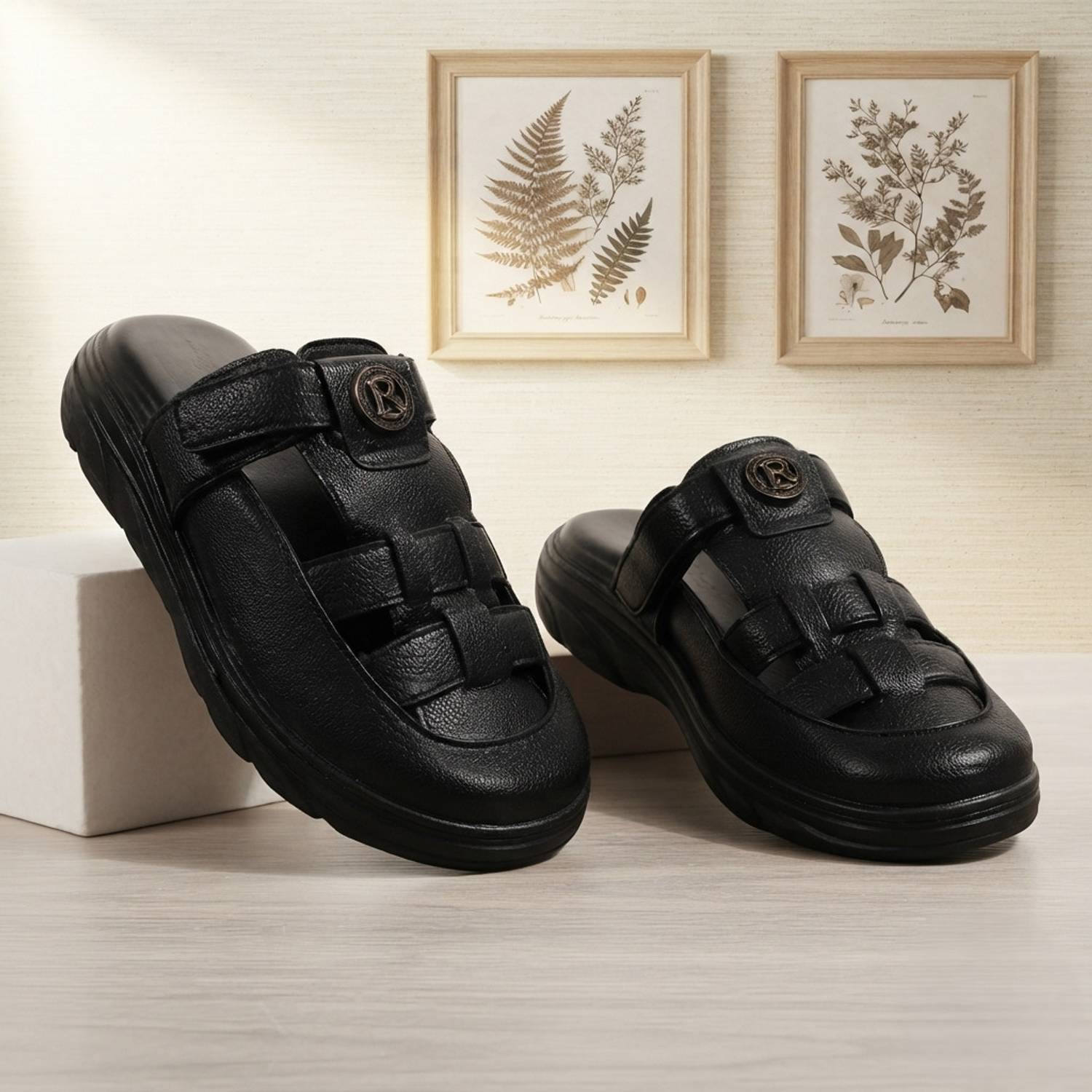 Real Bliss Black Leather-Look Men Casual Sandals - Image 1