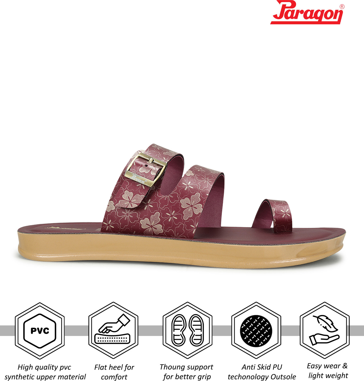 Image of Paragon Women Women Stylish One-Toe Flats with Adjustable Buckle for Comfort Casual Sandal (Maroon, 8)