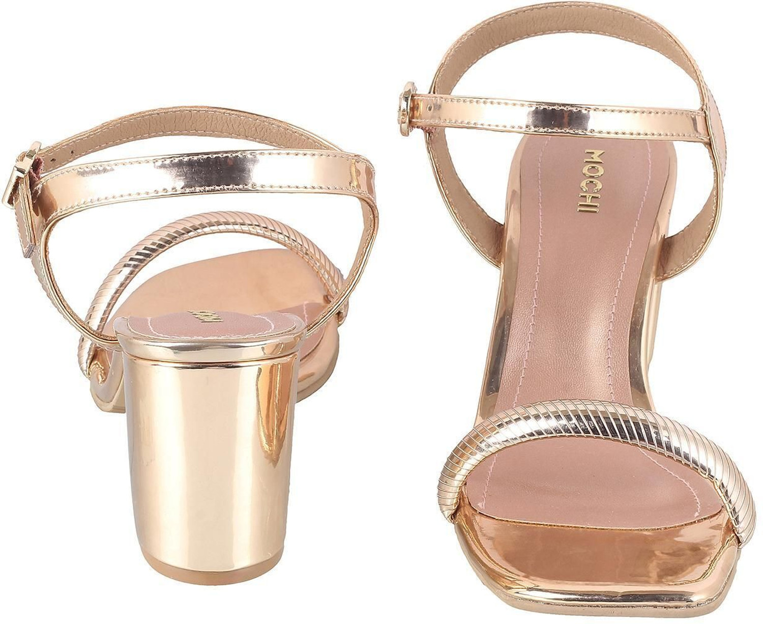 Image of MOCHI Women EmbellishedOpenToeBlock Heels Sandal (Pink, 4)
