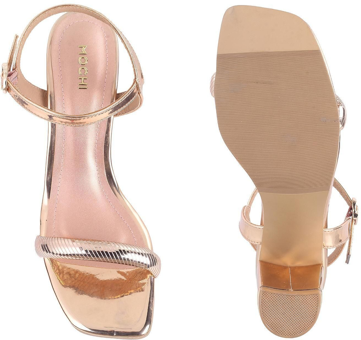 Image of MOCHI Women EmbellishedOpenToeBlock Heels Sandal (Pink, 4)