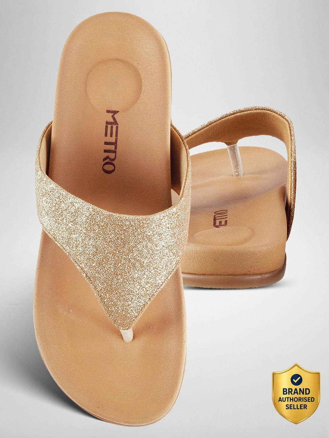 METRO Gold-TonedTexturedT-Strap Women Flats