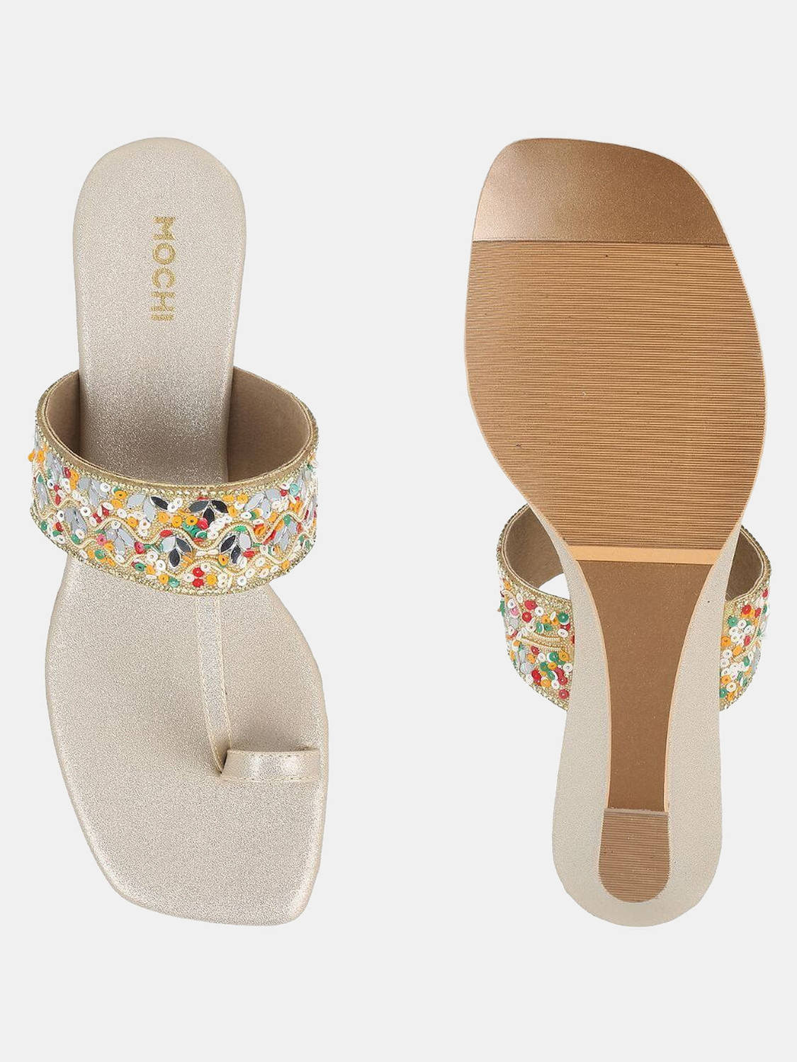 Image of MOCHI Women EthnicEmbellishedOneToe Heels Sandal (Multicolor, 4)