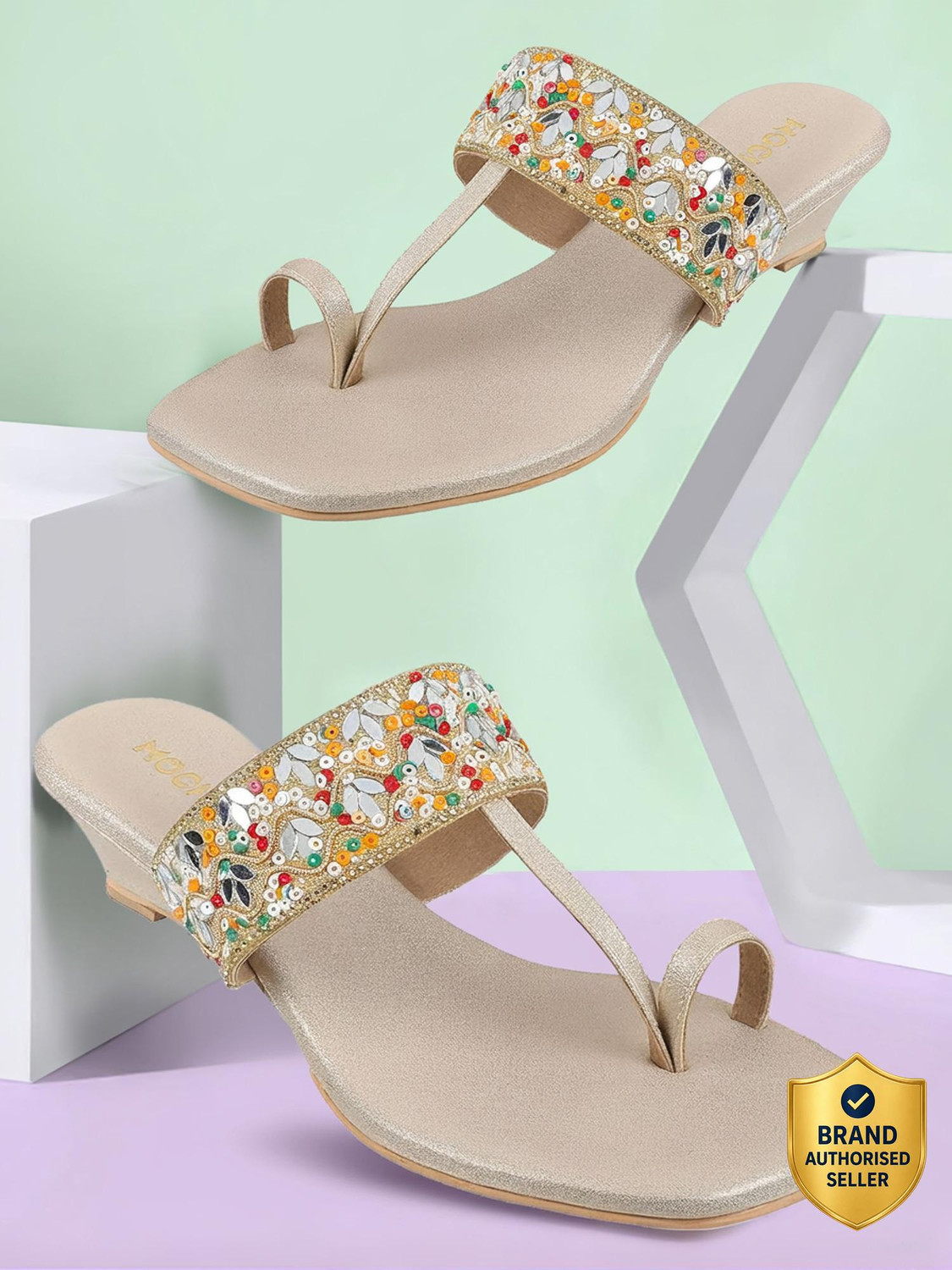 Image of MOCHI Women EthnicEmbellishedOneToe Heels Sandal (Multicolor, 4)