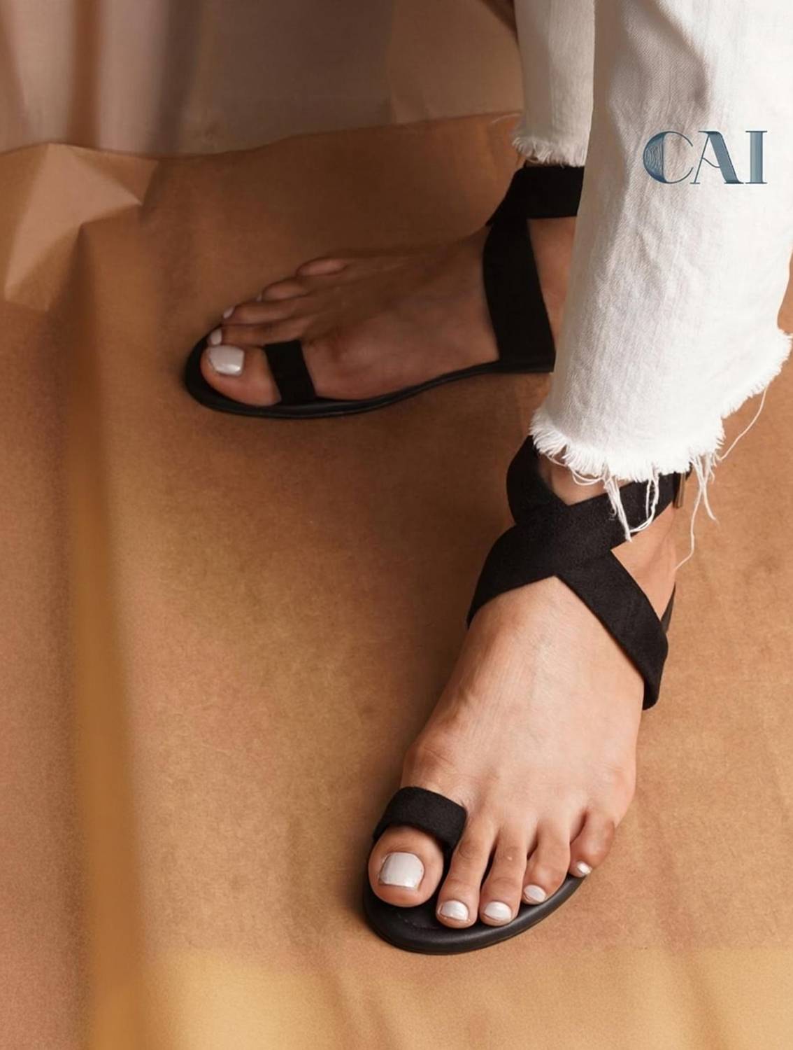 Cai Black Toe Loop Sandals Women Flats