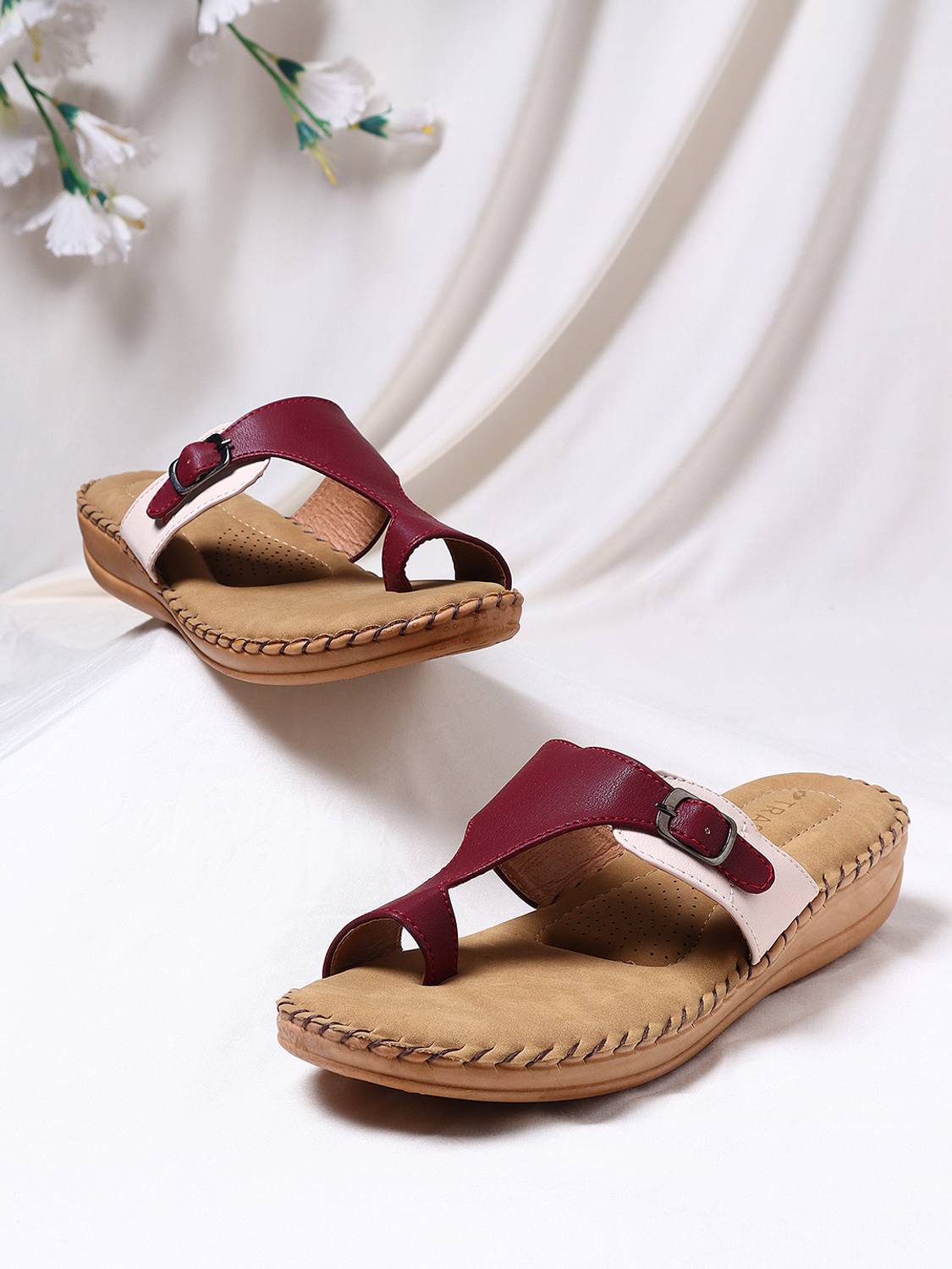 TRASE Women Soft Ortho Flats Sandal (Maroon , 6)